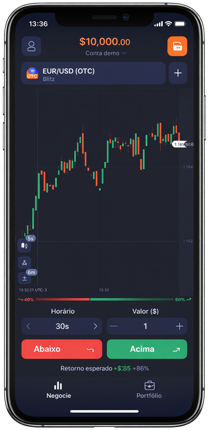 O aplicativo da nexora no celular: saldo da conta de demonstração, gráfico de velas do par EUR/USD e os botões Acima e Abaixo.